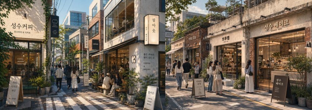 성수동 카페 거리 관련 프롬프트 입력 결과물로 무료 플랜(왼쪽)과 플러스 플랜(오른쪽) / 출처=챗GPT 생성 이미지