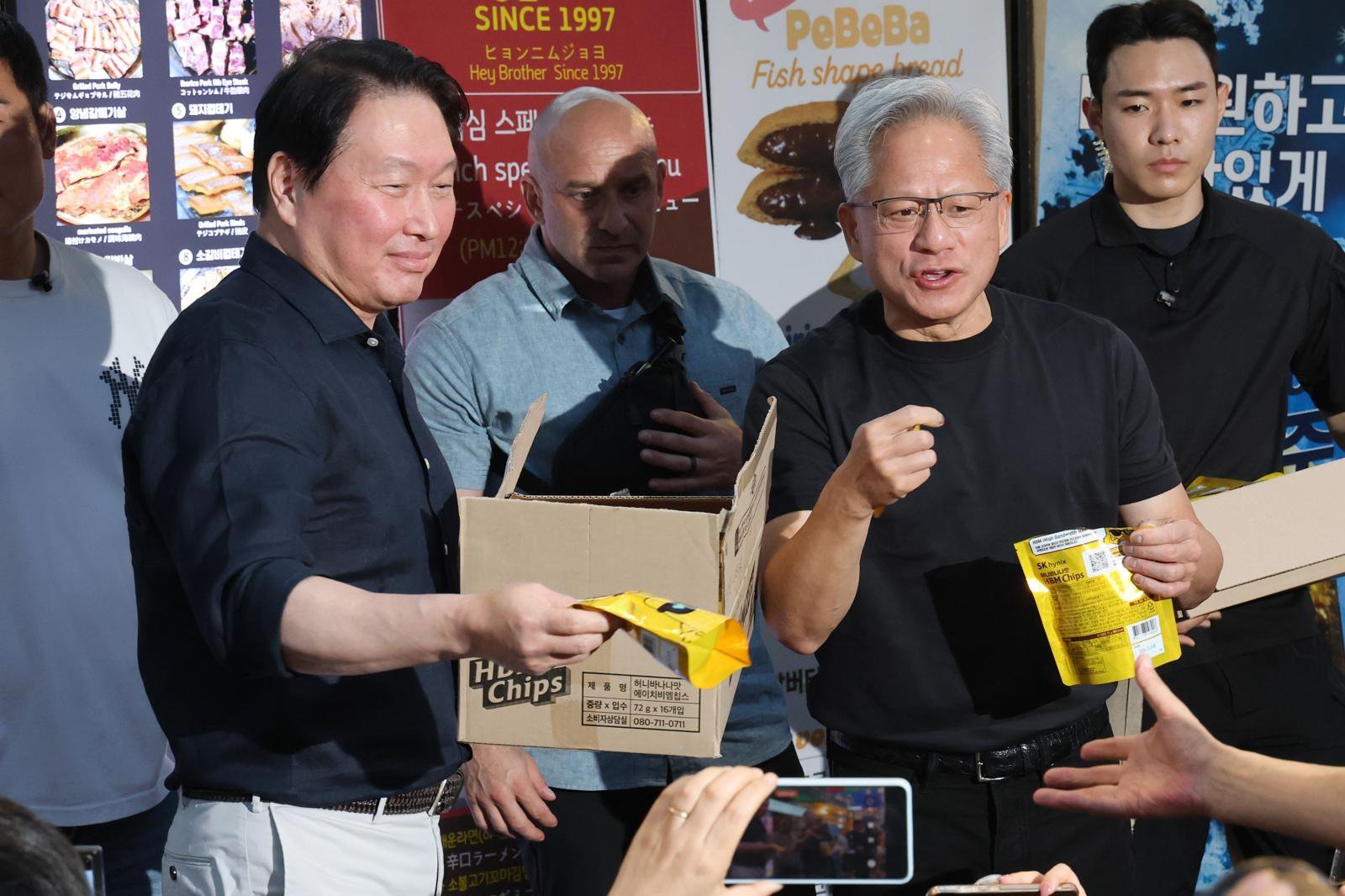 Nvidia CEO Jensen Huang meets SK Group Chairman Chey Tae-won at Kkanbu Chicken