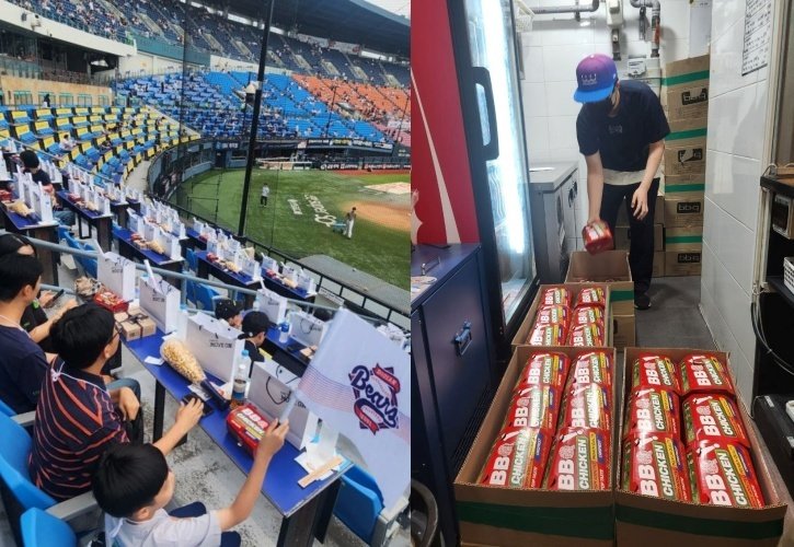 BBQ가 7일 오후 젠슨 황 엔비디아 CEO 시구와 경기를 관람하기 위해 잠실 구장을 찾은 엔비디아 단체석에 치킨을 배달했다. (BBQ 제공)
