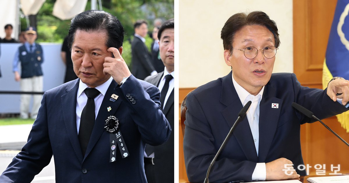 더불어민주당 정청래 대표(왼쪽 사진)가 6일 서울 동작구 국립서울현충원에서 열린 제71회 현충일 추념식에 참석하고 있다. 김민석 국무총리가 7일 서울 종로구 정부서울청사에서 열린 ‘투표용지 부족 관련 대학생과의 간담회’에 참석하고 있는 모습. 김 총리가 7일 사실상 차기 당권 도전을 공식화한 가운데 정 대표도 조만간 연임 도전과 관련해 구체적인 메시지를 낼 것이라는 관측이 나온다. 청와대사진기자단·김재명 기자 base@donga.com
