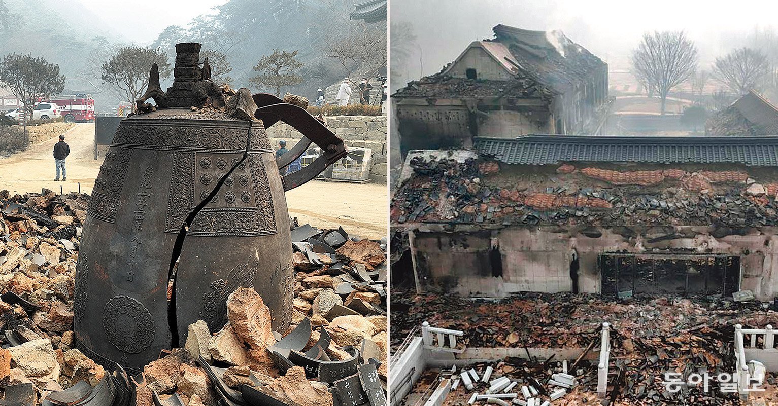 지난해 3월 화마로 훼손된 경북 의성군 천년사찰 ‘고운사’ 범종(왼쪽 사진)과 전각. 의성=전영한 기자 scoopjyh@donga.com