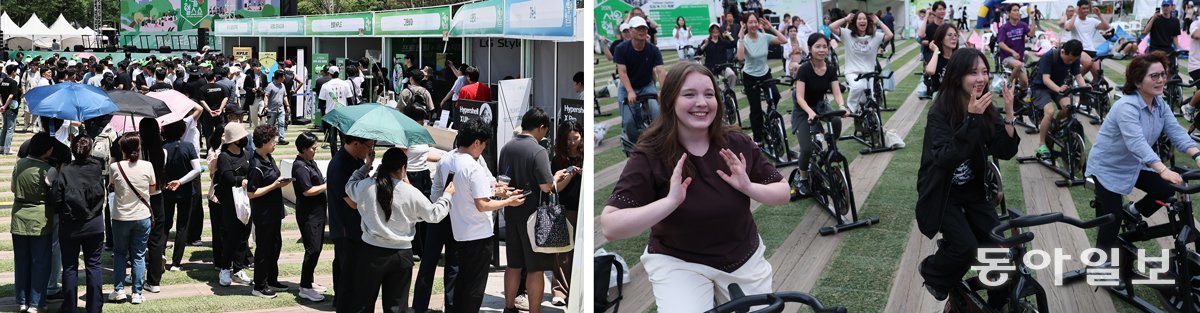 9일 서울 중구 서울광장에서 열린 ‘2026 서울헬스쇼’를 찾은 관람객들이 이날 현장에 차려진 부스에서 줄을 서 참여하고 있다(왼쪽 사진). 오른쪽 사진은 시민들과 서울을 찾은 외국인 관광객 등이 음악에 맞춰 자전거를 타는 ‘스피닝’ 운동을 하는 모습. 양회성 기자 yohan@donga.com·변영욱 기자
