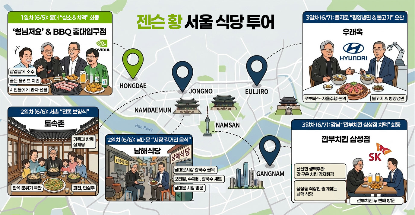 삼겹살부터 평냉·칼국수에 치킨·삼계탕까지… 젠슨 황 ’서울 4박 5일 미식 투어‘ 톺아보기