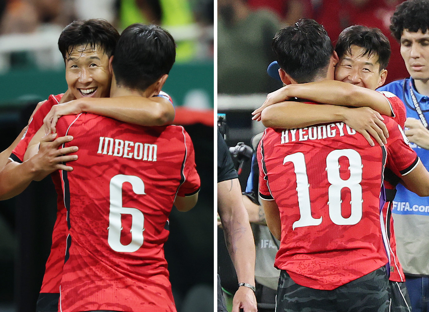 11일(현지시간) 멕시코 할리스코주 사포판 과달라하라 스타디움에서 열린 2026 북중미 월드컵 A조 조별리그 1차전 대한민국과 체코의 경기에서 주장 손흥민이 동점골을 넣은 황인범과 역전골을 넣은 오현규를 끌어 안고 있다. 2026.6.12 뉴스1