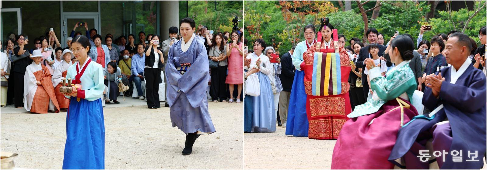 14일 서울 은평구 진관사 전통문화 전승교육관 마당에서 한 젊은 부부가  전통혼례를 치르기 위해 식장으로 입장하고 있다. 전영한 기자 scoopjyh@donga.com