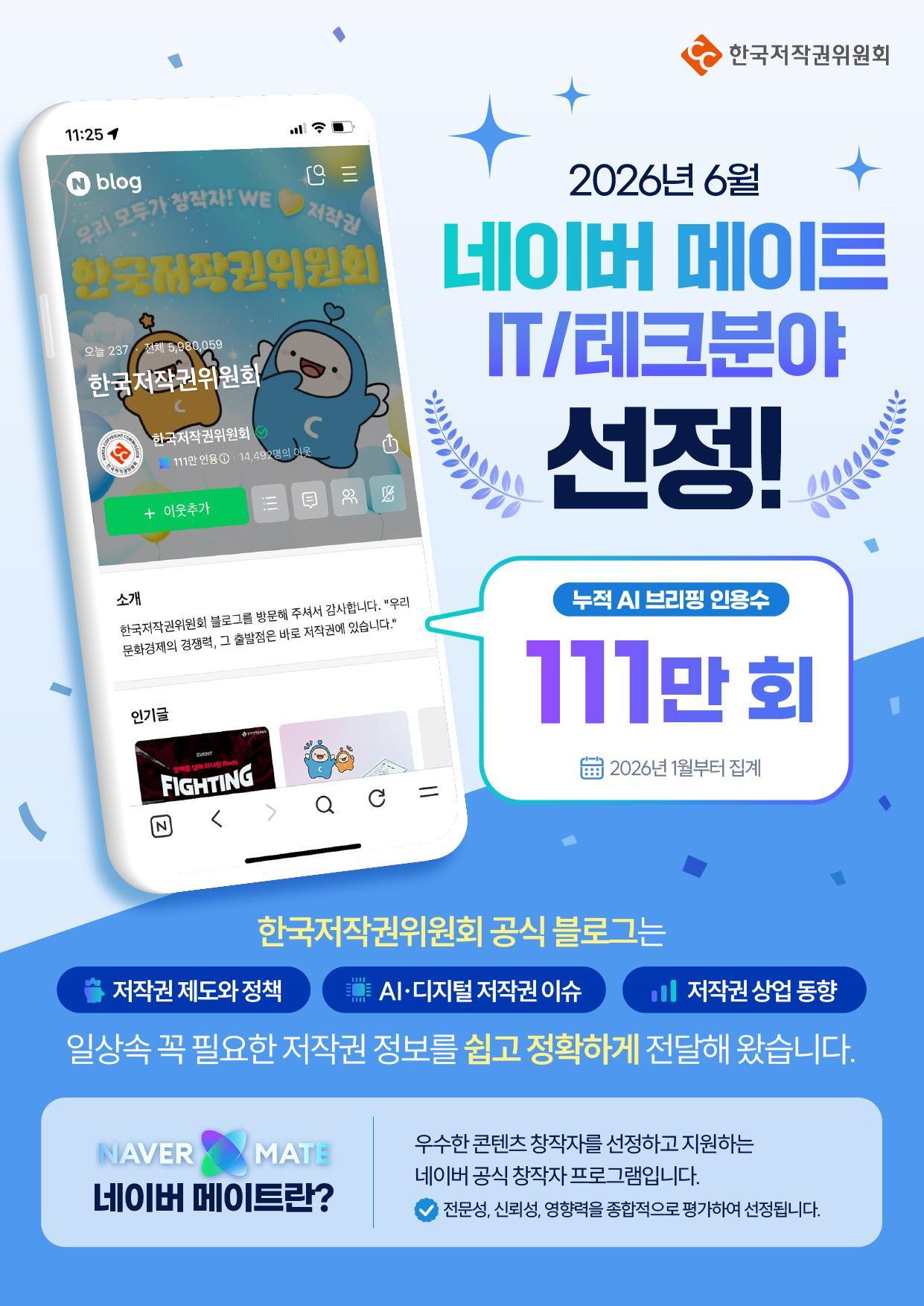 한국저작권위원회 공식 블로그가 2026년 6월 네이버 메이트 IT·테크 창작자 분야에 선정됐다. 한국저작권위원회 제공