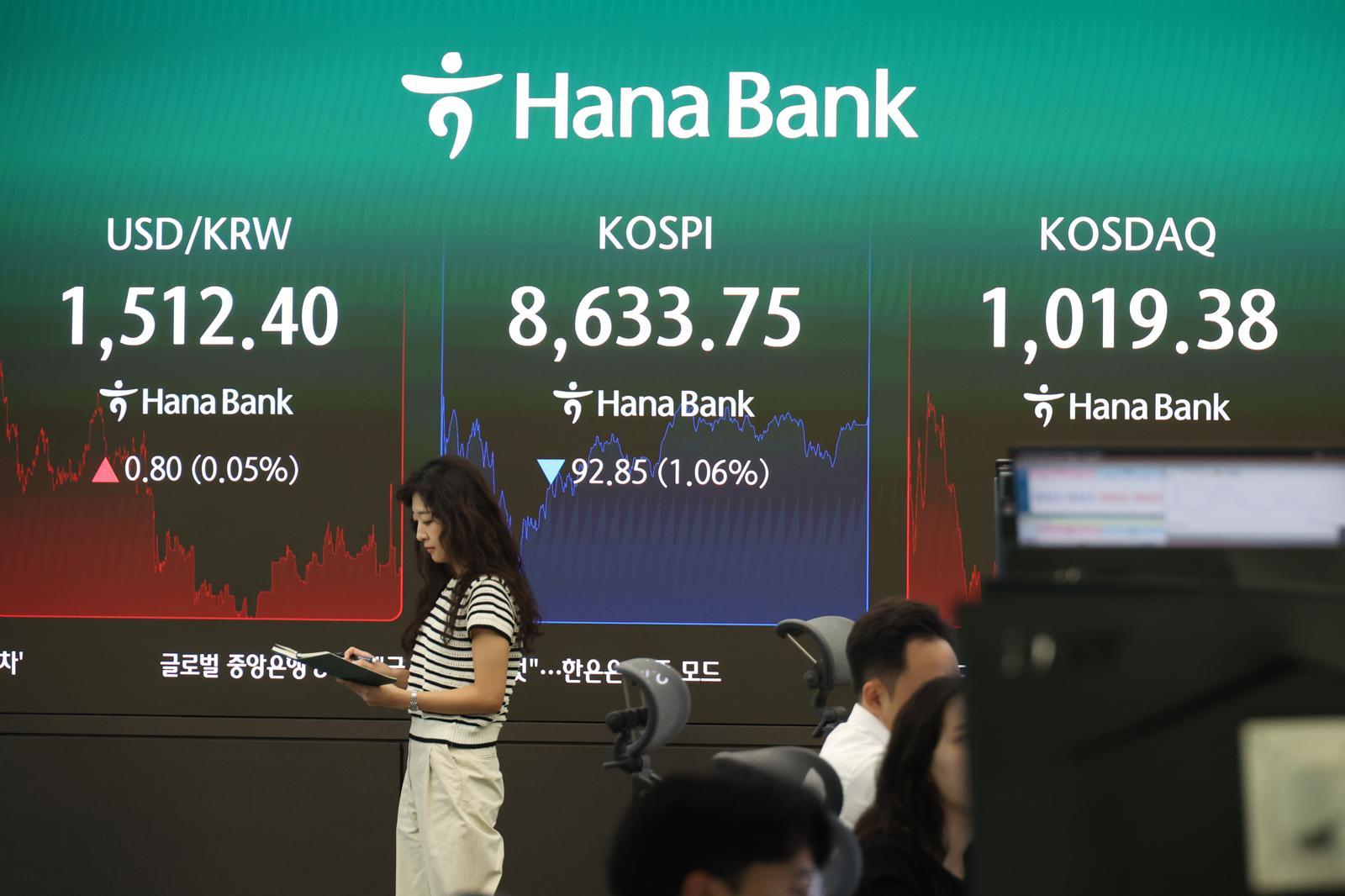 코스피가 전 거래일보다 1.20% 내린 8,622.13에 거래를 시작한 17일 서울 하나은행 본점 딜링룸에서 딜러들이 업무를 보고 있다.  코스닥 지수는 전 거래일보다 0.12% 오른 1,019.88에 출발했다. 서울 외환시장에서 원·달러 환율은 전 거래일보다 0.8원 오른 1,512.4원에 개장했다. 2026.06.17. 뉴시스