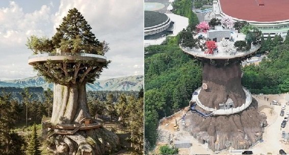 창원시의 랜드마크가 될 것으로 기대를 모았던 초대형 인공나무 ‘빅트리’의 당초 조감도(왼쪽)와 작년 말 막바지 공사가 진행 중인 빅트리 모습(창원시 제공. 재판매 및 DB 금지)/ 뉴스1