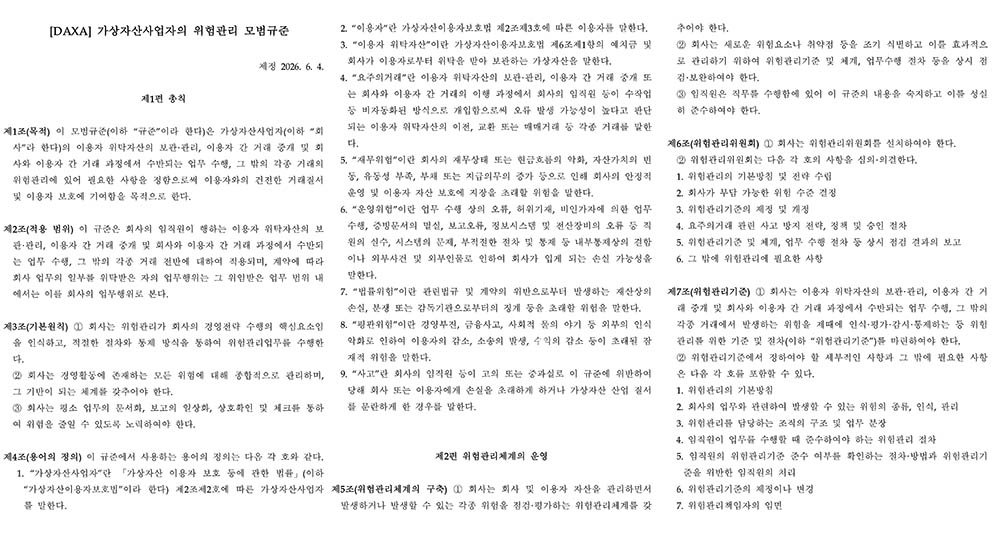 가상자산사업자의 위험관리 모범규준 / 출처=DAXA