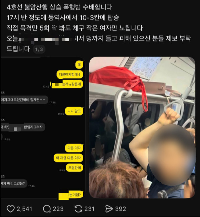 퇴근 시간대 서울 지하철 4호선에서 왜소한 체격의 여성만 골라 폭행하는 남성이 있다는 주장이 온라인상에 올라왔다. 스레드 캡처