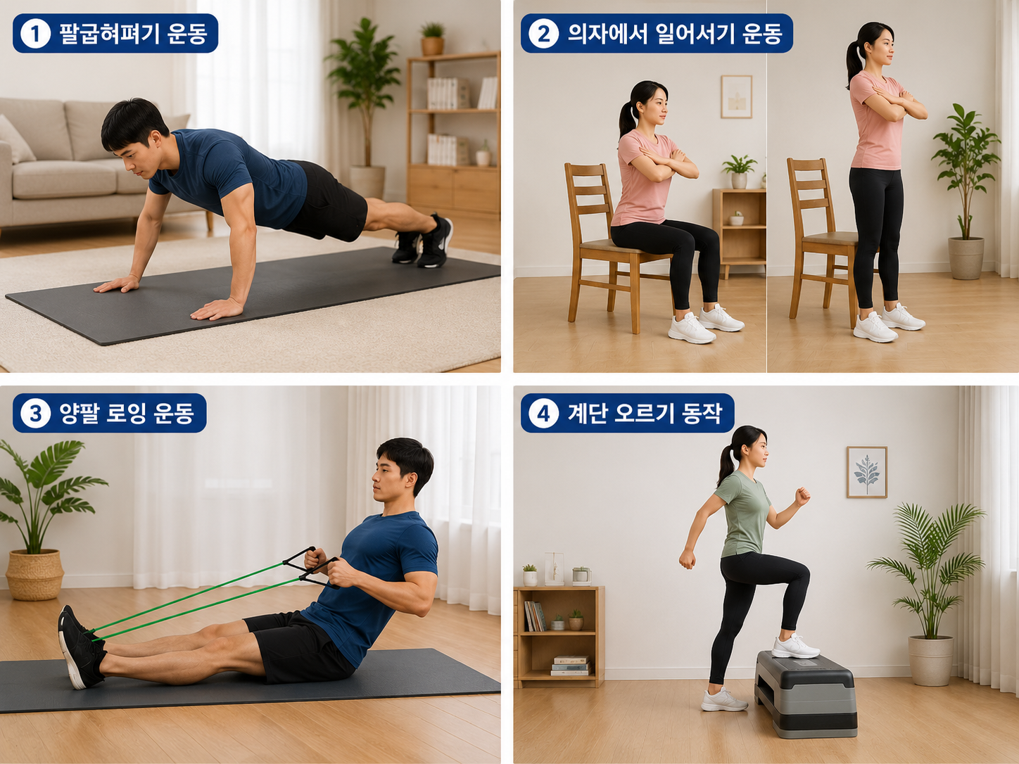 일상 기능 향상을 위한 근력 운동 프로그램. 네 가지 동작은 고령층도 쉽게 실천할 수 있는 것으로 구성했다. 챗GPT 생성 이미지.
