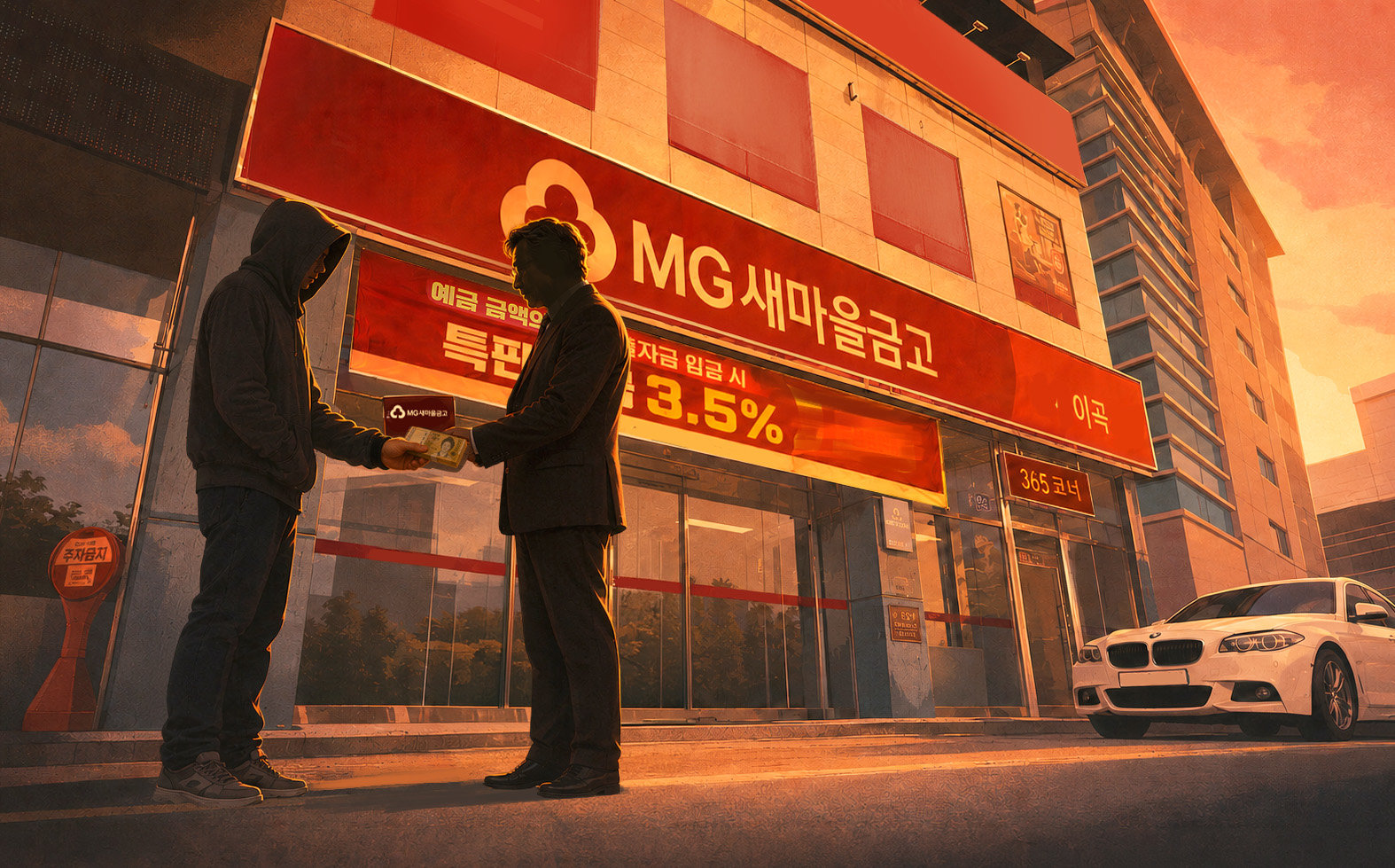 대구 달서구 MG새마을금고 이곡금고 임직원 3명은 ‘구사장’의 대포통장 조직과 결탁해 통장을 발급해 줬을 뿐만 아니라, 보이스피싱 신고를 취하시키려 신고자의 신상 정보까지 조직에 넘겼다. 이렇게 만든 대포통장 126개는 온라인 도박과 보이스피싱 등 각종 범죄에 쓰였다. 사진은 현재 다른 금고로 합병된 이곡금고의 합병 전 모습을 바탕으로 만든 일러스트.
