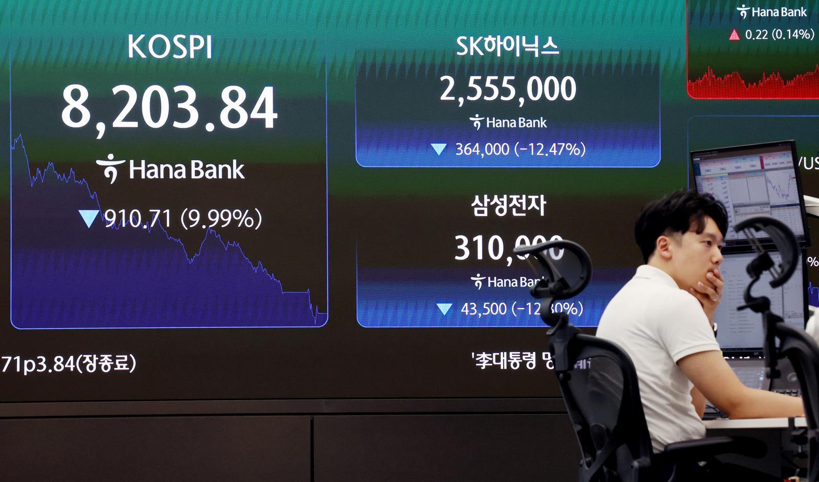 코스피가 10% 급락하며 8200선에서 마감한 23일 서울 중구 하나은행 딜링룸에서 딜러들이 업무를 보고 있다. 2026.06.23 뉴시스