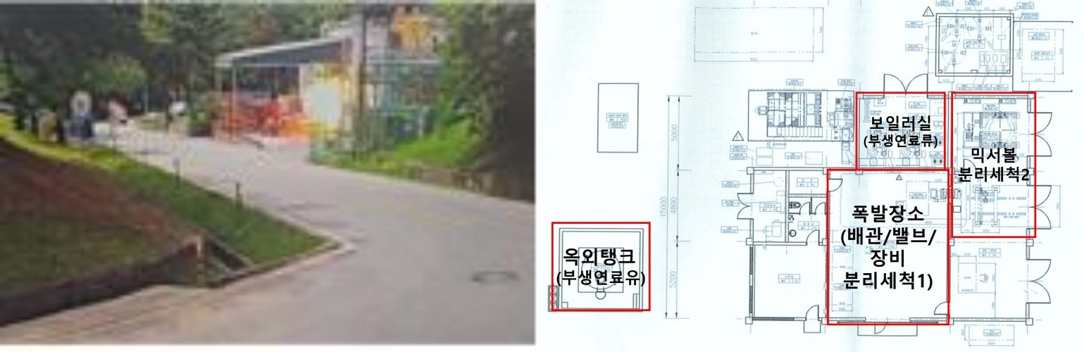 지난 1일 한화에어로스페이스 대전사업장에서 발생한 폭발 사고 당시 폐쇄회로(CC)TV 장면과 사고 발생 장소 평면도. (더불어민주당 박정현 의원실 제공) 뉴시스