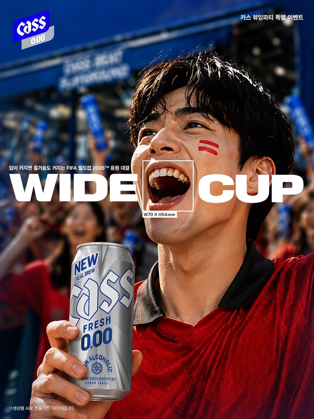 FIFA 월드컵 2026 공식 스폰서 카스는 관람객이 환호하는 순간을 포착, AI 기술로 입 크기를 측정해 1mm당 카스 제로 1캔을 제공하는 ‘와이드 컵’ 이벤트를 진행한다. 오비맥주 제공