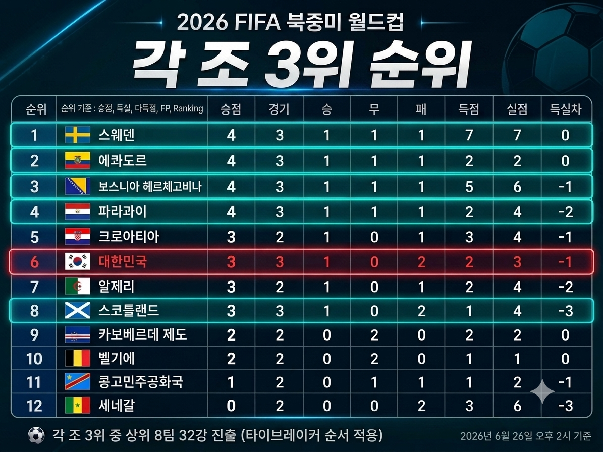 구글 생성형 인공지능(AI) 제미나이로 만든 26일 현재 북중미 월드컵 각조 3위 현황. 최종 상위 1~8위 팀이 32강에 진출한다. 한국은 현재 6위다.