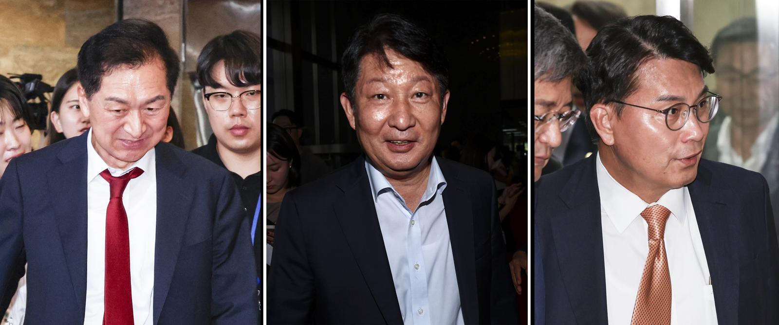 김기현(왼쪽부터) 국민의힘 의원, 권영진, 윤상현 의원이 29일 오후 서울 여의도 국회에서 열린 비공개 의원총회를 마친 뒤 회의장을 나서고 있다.   2차 종합 특별검사팀은 윤석열 전 대통령의 ‘체포 방해’ 의혹과 관련 김기현·권영진·윤상현 의원을 특수공무집행방해 혐의로 추가 입건하고 출석을 통보했다. 2026.06.29 뉴시스