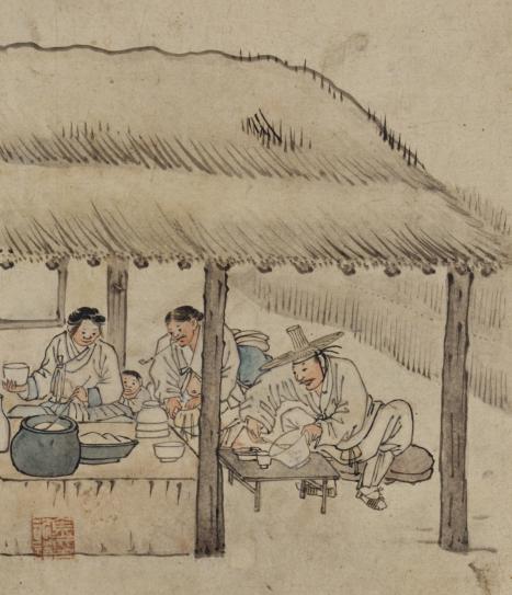 18세기 후반 밥상 모습을 보여주는 풍속화가 단원 김홍도의 그림 ‘주막’. ‘단원풍속도첩’에 실려 있다. 국립중앙박물관 제공