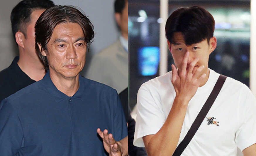 2026 북중미 월드컵 32강 진출 실패의 책임을 지고 사퇴 의사를 밝힌 홍명보 축구대표팀 감독(왼쪽)이 30일 새벽 인천국제공항 2터미널을 통해 입국해 이동하고 있다. 오른쪽은 축구국가대표팀 손흥민이 29일(현지시간) 미국 로스앤젤레스 국제공항에서 귀국하는 비행기에 오르고 있는 모습. 2026.6.30 뉴스1