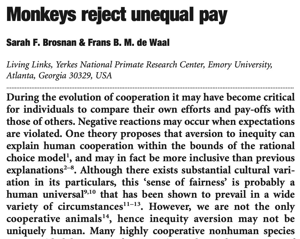 2003년 네이처에 실린 ‘Monkey Reject Unequal Pay(원숭이는 불평등한 월급을 거절한다)’ 논문. 네이처 캡처