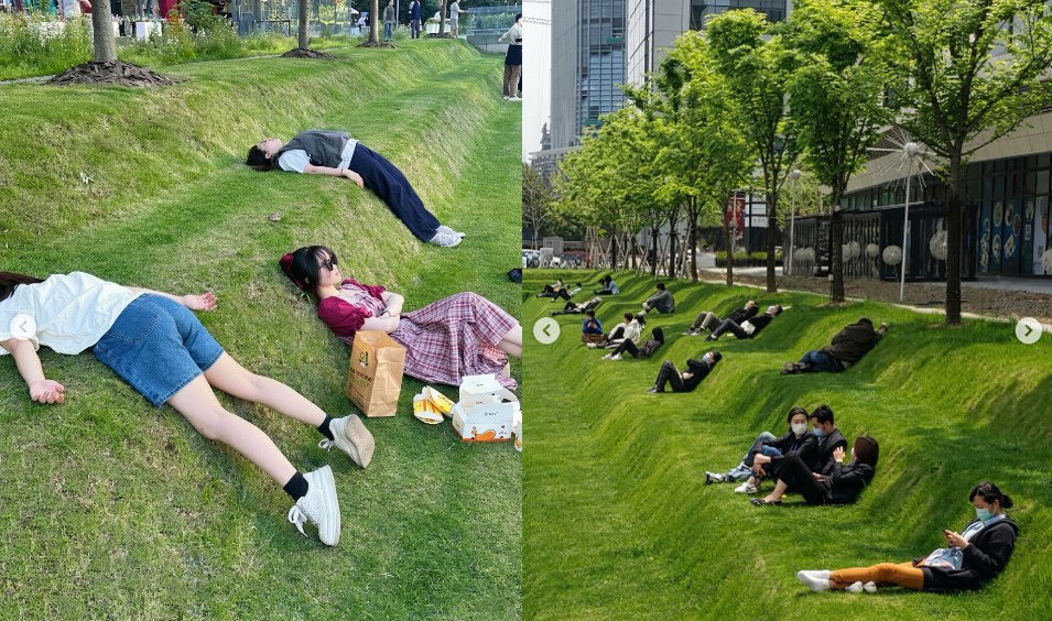 “점심 시간에 직행” 드러눕는 직장인들…빌딩 숲 ‘잔디 침대’ 화제