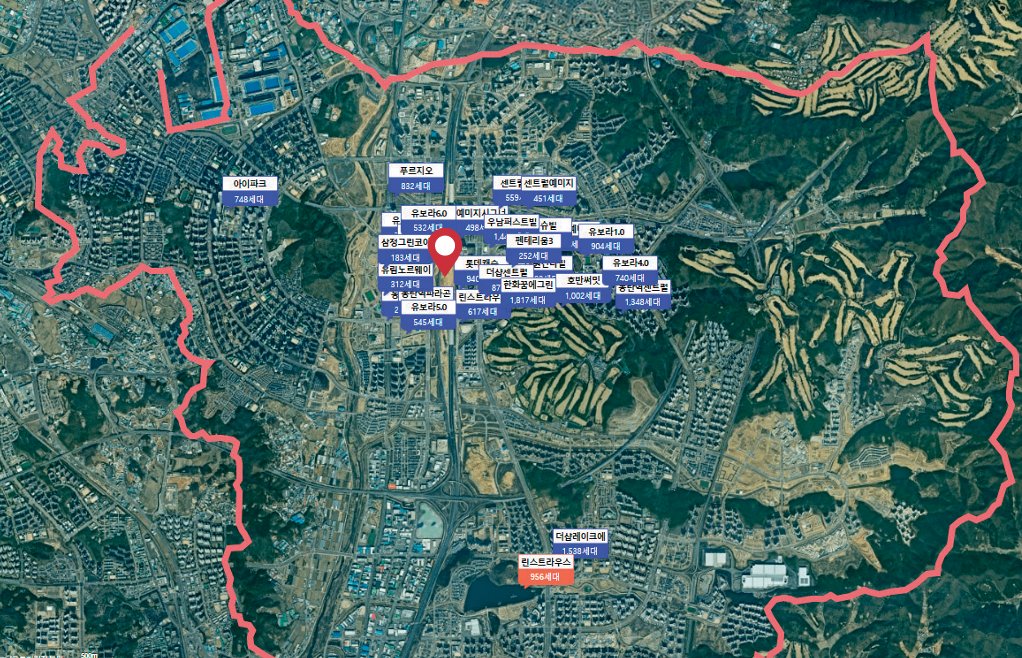 경기 화성시 동탄구에서 7월 8일 기준 30평형대가 실거래가격 12억 원(세법상 고가주택 기준)을 넘긴 아파트 단지들. GTX 동탄역(지도 가운데)을 중심으로 동쪽에 있는 동탄2신도시에 집중되어 있다. 아실 캡처
