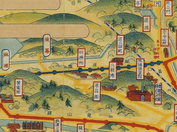 1933년 경성유람도에 그려진 마포선 전차 노선(파란색). 적십자병원에서 출발한 전차는 마포와 동막을 지나 한강변까지 이어졌다. 사진 출처 서울역사박물관