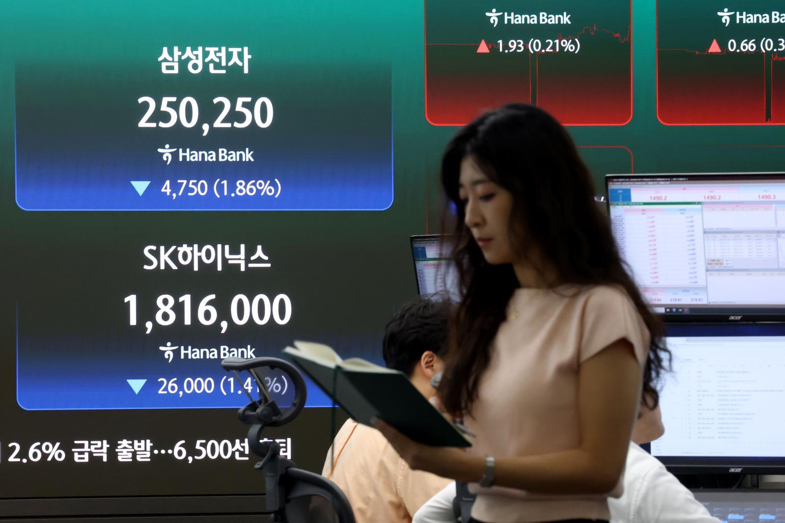 코스피 지수가 급락 출발한 20일 오전 서울 중구 하나은행 딜링룸 현황판에 삼성전자와 SK하이닉스 주가가 표시되고 있다. 2026.7.20 ⓒ 뉴스1