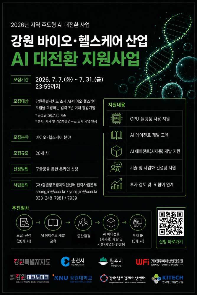 강원창조경제혁신센터, 바이오·헬스케어 창업기업 대상 ‘AI 대전환 사업’ 참여기업 모집 / 출처=강원창조경제혁신센터