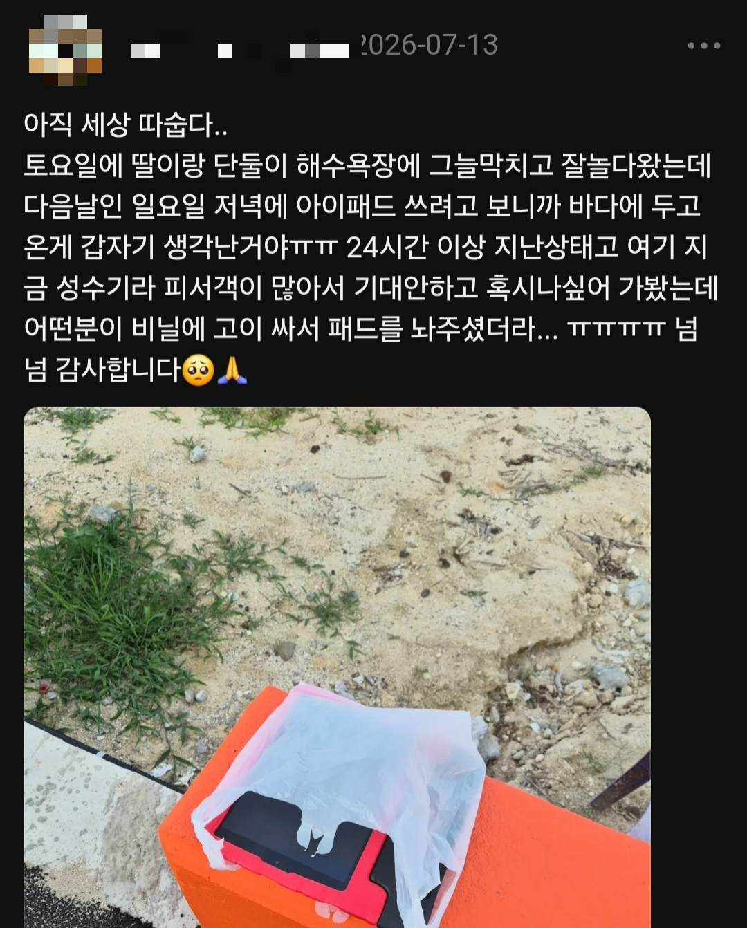 양심국가 한국…“해수욕장 놓고 온 아이패드, 다음날 가보니 그대로”