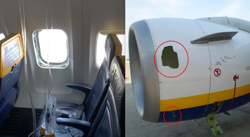 Ryanair flight window cracked by engine debris, passenger nearly sucked out