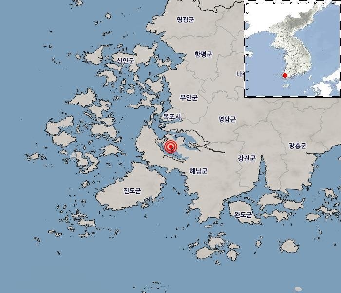 전남광주 해남 서북서쪽 21㎞ 지역서 규모 2.2 지진