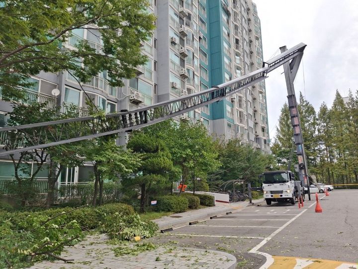 수원 아파트서 이삿짐 사다리차 사다리 ‘뚝’…차량·나무 피해