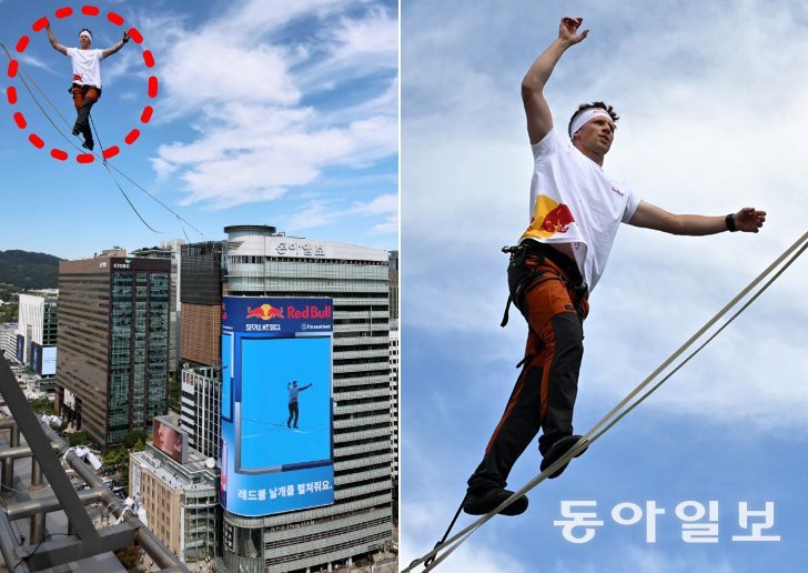 광화문 120m 상공서 아찔 외줄 묘기…모두가 하늘만 올려다봤다