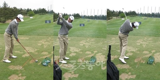 노승열■1　목표물을 정하고 그 방향과 일직선이 되도록 긴 막대기를 바닥에 내려놓는다. 그런 다음 막대기 앞에서 스탠스를 취한다. ■2　어드레스에 들어가면 2∼3차례 왜글(클럽을 좌우로 흔들기)을 하면서 목표물과 일직선이 되도록 이미지 트레이닝을 실시한다. ■3　목표물과 정확하게 셋업이 끝나면 과감하게 샷을 한다. 이렇게 하면 최소한 잘못된 얼라인먼트에 의한 미스샷이 발생하지는 않는다.