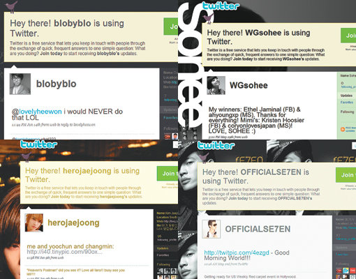 ‘피겨여왕’ 김연아가 몰고온 트위터 열기가 뜨겁다. 140자 단문서비스로 언제어디서든 손쉽게 이용할 수 있어 일반인들은 물론 스타들까지도 애용하는 추세다. 영어나 일어로 자신의 근황을 써내려감으로써 해외 현지팬들에게 더 친숙하게 다가갈 수 있어 해외진출을 이미 했거나 진출을 목표로 하는 스타들에겐 이만한 서비스가 없는 듯하다. (사진은 타블로, 소희, 세븐, 영웅재중의 트위터 메인 화면)