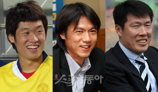 한국 축구의 ‘3대 축’이 조국의 월드컵 개최를 위해 의기투합했다. 맨체스터 유나이티드의 박지성과 홍명보 20세 이하 청소년대표팀 감독, 차범근 수원 감독(왼쪽부터)은 대한축구협회가 19일 발표한 ‘2022월드컵 유치위원회’ 54인 유치위원에 발탁돼 영광 재현을 위해 다시 뛴다. 스포츠동아DB