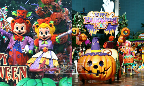 롯데월드 할로윈 축제의 메인쇼 ‘할로윈 퍼레이드’(사진 위)는 호박 옷을 입은 로티와 로리, 귀여운 악마로 분장한 캐릭터, 섹시한 마녀와 드라큘라 등이 출연해 ‘코스프레’ 퍼레이드 쇼로 펼쳐진다. 올해로 5회째를 맞는 에버랜드 ‘해피 할로윈’(사진 아래)은 에버랜드의 대표적인 가을축제다.
사진제공 | 에버랜드 롯데월드