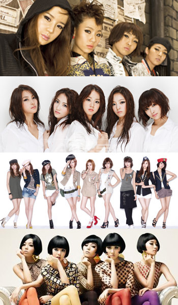 올해 활발히 활동한 걸그룹들이 연말부터 공연 준비와 미국 활동에 나서느라 TV에서 모습을 감췄다. 투애니원, 카라, 소녀시대, 원더걸스(위부터). 스포츠동아 DB