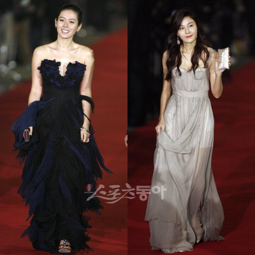 배우 손예진과 김하늘이 2일 오후 서울 여의도 KBS본관에서 열린 ‘제30회 청룡영화상 시상식’에 참석하기 레드카펫을 밟으며 입장하고 있다.임진환 기자 photolim@donga.com