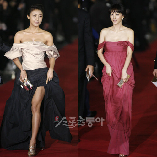 배우 하지원과 한예슬이 2일 오후 서울 여의도 KBS본관에서 열린 ‘제30회 청룡영화상 시상식’에 참석하기 레드카펫을 밟으며 입장하고 있다.임진환 기자 photolim@donga.com