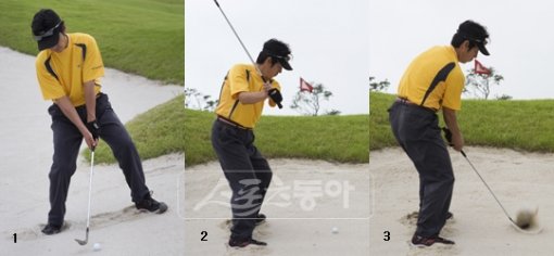 1.클럽페이스 핀 방향 직각으로 셋업 2.백스윙 크기 평소 절반 또는 4분의 3 3.볼 뒤 5cm 지점 모래 폭파하듯 쳐야