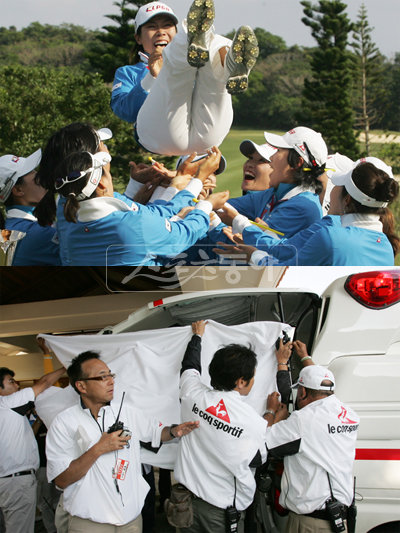 이지희 헹가래 부상   5일 교라쿠컵 제10회 한일여자프로골프대항전에서 우승한 한국팀 선수들이 주장 이지희를 헹가래치고 있다. 이지희는 이 과정에서 땅에 떨어져 인근 병원으로 후송됐다(왼쪽 사진). MRI 검사 결과 다행히 뼈와 신경에는 큰 이상이 없는 걸로 전해졌다. 사진제공 ｜ KLPGA