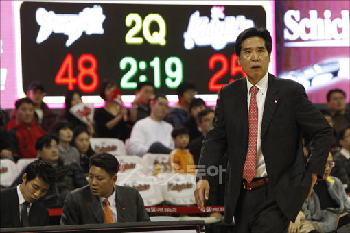 3일 오후 서울 잠실학생체육관에서 열린 2009∼2010 KCC 프로농구 서울 SK 나이츠 대 부산 KT 소닉붐의 경기에서 2쿼터서 부터 점수차가 크게 뒤지며 벌어지자 SK 신선우 감독의 표정이 무겁다.