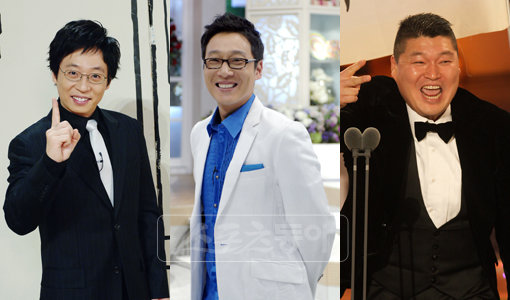 ▶ ‘2009년 연예대상’ 2관왕을 차지한 유재석과 ‘예능 킹’자리를 놓고 대결하는 이휘재, 강호동.(왼쪽부터). 스포츠동아DB