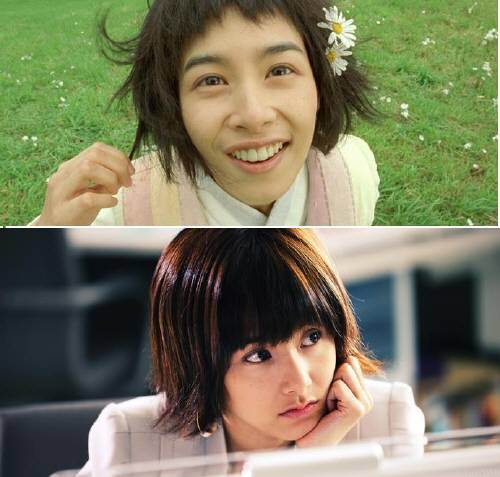 강혜정은 치아 교정으로 \'돌출형 입\'이라는 매력을 잃었다는 평가를 받는다. 교정 전출연작 \'웰컴 투 동막골\'(위)과 후 출연작 \'걸프렌즈\' 스틸것.