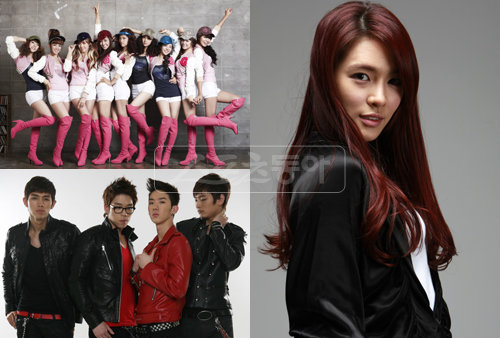 설 연휴에도 아이돌 그룹의 활약은 어김없이 이어진다. 소녀시대(왼쪽 위), 2AM(왼쪽 아래), 애프터스쿨의 가희(오른쪽) 등이 재능을 발휘하며 시청자를 만난다. 스포츠동아DB