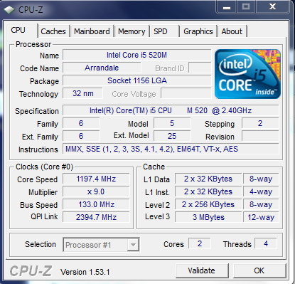 CPU 정보 분석 프로그램인 ‘CPU-Z’로 코어 i5 520의 자세한 사양을 확인했다