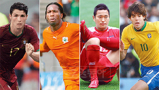 G조 4개국 대표선수 “16강 절대 양보못해” 2010남아공월드컵에서 포르투갈, 코트디부아르, 북한, 브라질이 속한 G조는 이른바 ‘죽음의 조’로 불린다. 왼쪽부터 각 팀의 대표 선수 크리스티아누 호날두, 디디에 드로그바, 정대세, 카카.스포츠동아DB