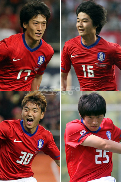 한국 축구의 미래를 짊어질 ‘포스트 박지성’이 있기에 한국 축구의 미래는 밝다. 차세대 한국 축구의 희망으로 꼽히는 이청용(왼쪽부터 시계방향)과 기성용, 김보경, 이승렬. [스포츠동아 DB]